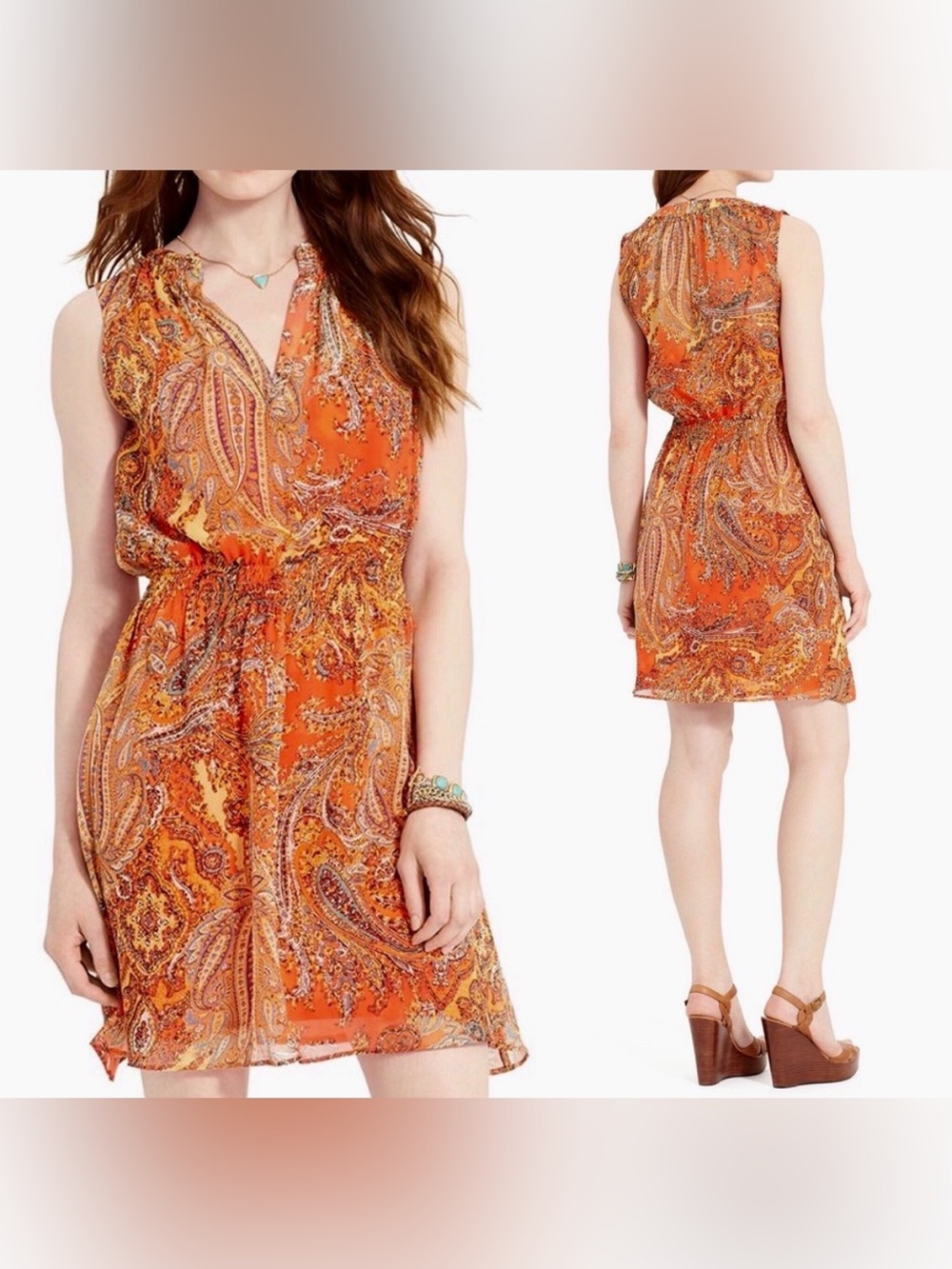 Lauren Ralph Lauren Orange Paisley Smocked Waist Sleeveless Boho Dress Large